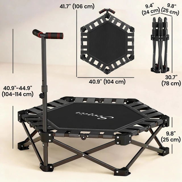 Alt view image 2 of 7 - 42" One-Step Fold Mini Trampoline with Adjustable Foam Handle, Black