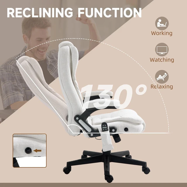 Alt view image 4 of 7 - Home Office Massage Chair High Back Chair w/ Reclining, Swivel Wheels, White
