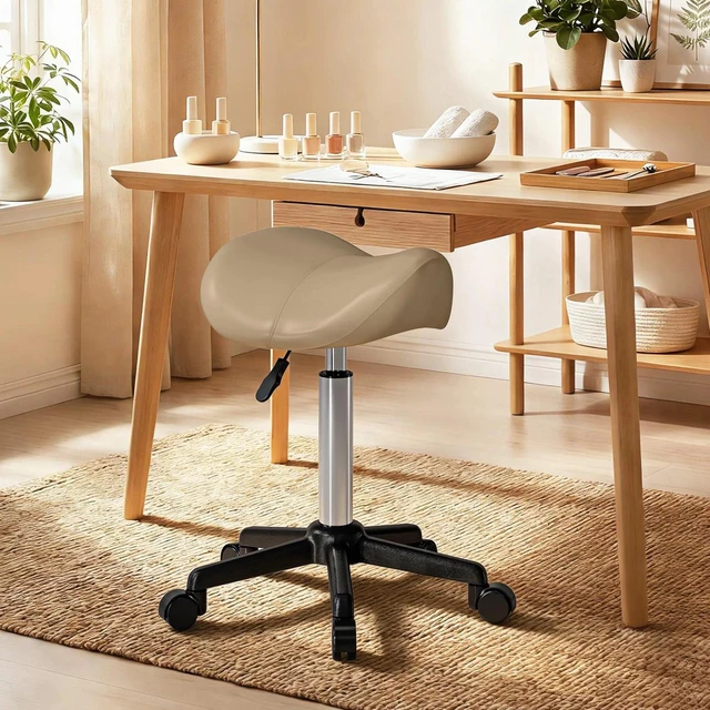 Alt view image 6 of 7 - Rolling Salon Stool, Faux Leather Swivel Saddle Chair, Brown