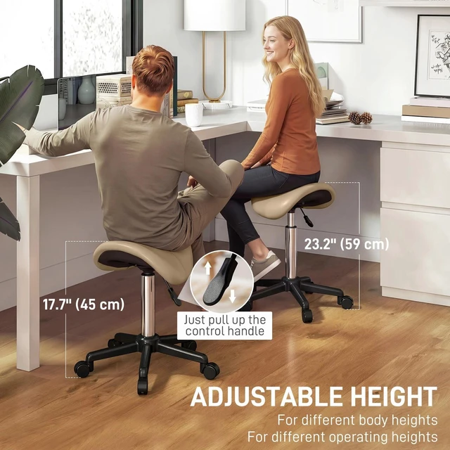 Alt view image 5 of 7 - Rolling Salon Stool, Faux Leather Swivel Saddle Chair, Brown