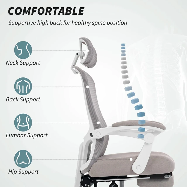 Alt view image 4 of 7 - Ergonomic Office Chair, Reclining Mesh Computer Chair, Grey
