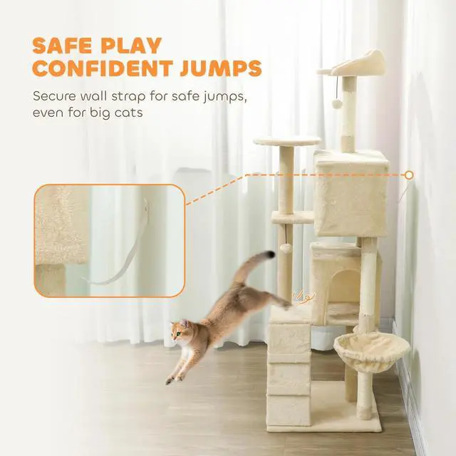 Alt view image 3 of 7 - 63 Inch Cat Tree with Sisal Scratching Posts, Condos, Beige