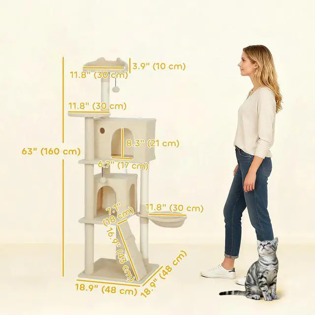 Alt view image 2 of 7 - 63 Inch Cat Tree with Sisal Scratching Posts, Condos, Beige