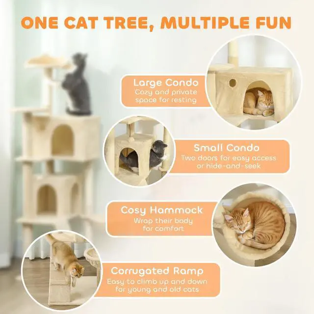 Alt view image 4 of 7 - 63 Inch Cat Tree with Sisal Scratching Posts, Condos, Beige