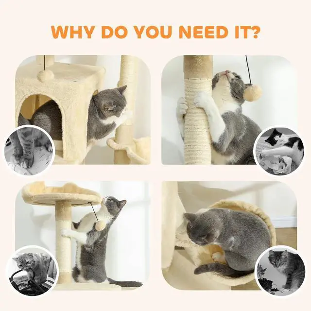 Alt view image 7 of 7 - 63 Inch Cat Tree with Sisal Scratching Posts, Condos, Beige