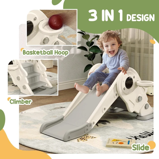 Alt view image 7 of 7 - 3 in 1 Toddler Slide with Basketball Hoop, Climber, Cream