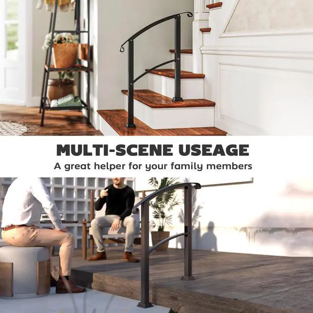 Alt view image 4 of 7 - Handrails for Outdoor Steps, 1-3 Step Stair Railing, Black