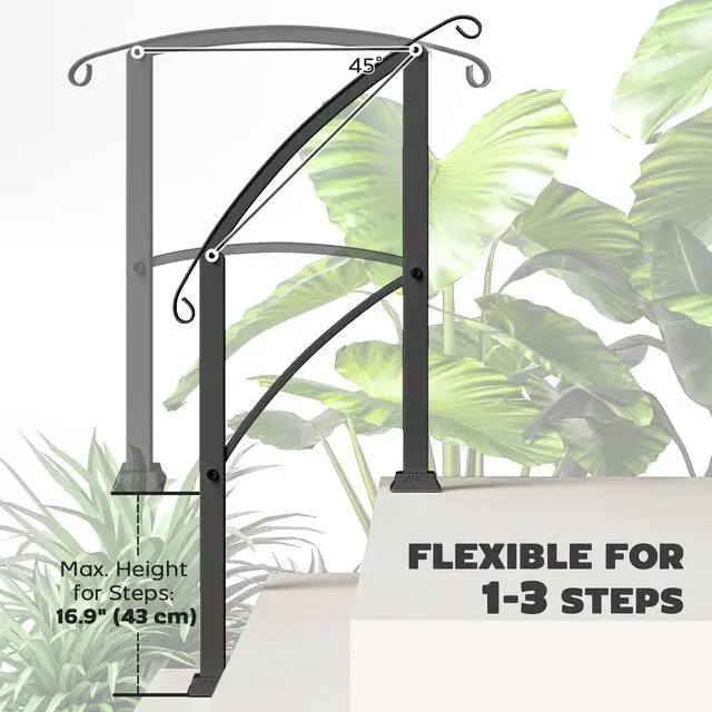 Alt view image 3 of 7 - Handrails for Outdoor Steps, 1-3 Step Stair Railing, Black