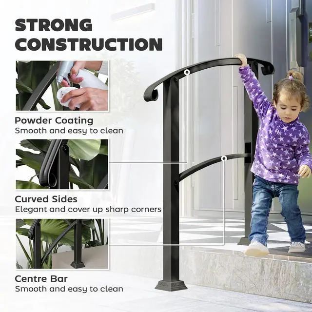 Alt view image 5 of 7 - Handrails for Outdoor Steps, 1-3 Step Stair Railing, Black