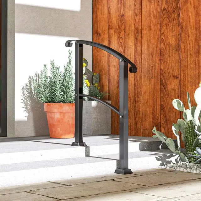 Alt view image 7 of 7 - Handrails for Outdoor Steps, 1-3 Step Stair Railing, Black