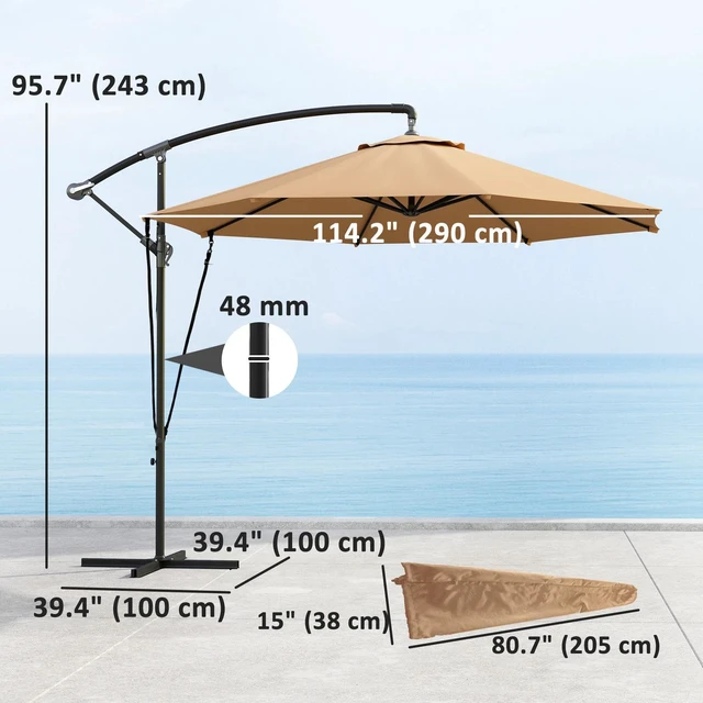 Alt view image 2 of 7 - 9.5' Cantilever Patio Umbrella with Wind Strap, Cover, Khaki