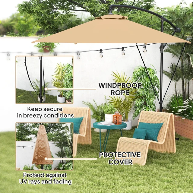 Alt view image 4 of 7 - 9.5' Cantilever Patio Umbrella with Wind Strap, Cover, Khaki