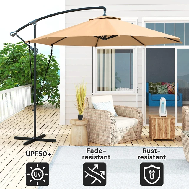 Alt view image 6 of 7 - 9.5' Cantilever Patio Umbrella with Wind Strap, Cover, Khaki
