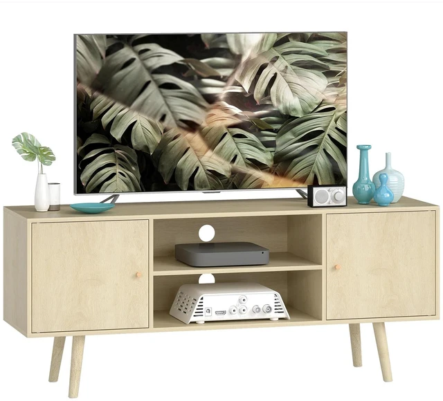 Main image of TV Stand Cabinet with Cable Management and Wood Legs Living Room, Natural
