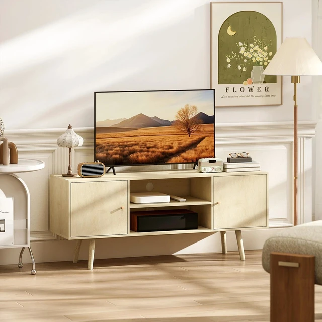 Alt view image 2 of 7 - TV Stand Cabinet with Cable Management and Wood Legs Living Room, Natural