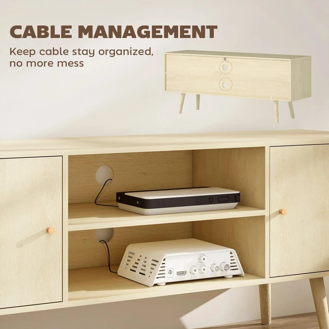 Alt view image 6 of 7 - TV Stand Cabinet with Cable Management and Wood Legs Living Room, Natural