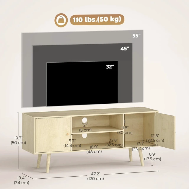 Alt view image 3 of 7 - TV Stand Cabinet with Cable Management and Wood Legs Living Room, Natural