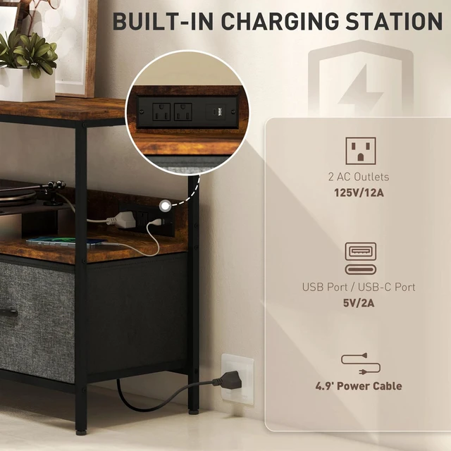 Alt view image 6 of 7 - TV Stand with Charging Station and Storage, Rustic Brown
