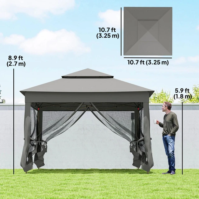 Alt view image 7 of 7 - 11'x11' Pop Up Gazebo 2-Tier Soft Top Gazebo w/ Mesh Netting, Dark Grey