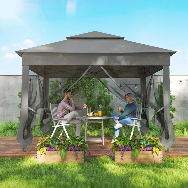 Alt view image 6 of 7 - 11'x11' Pop Up Gazebo 2-Tier Soft Top Gazebo w/ Mesh Netting, Dark Grey