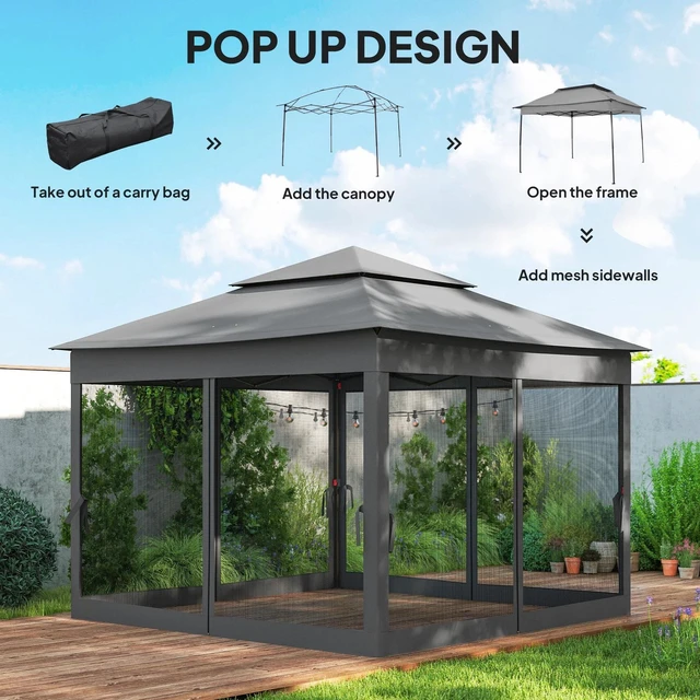 Alt view image 5 of 7 - 11'x11' Pop Up Gazebo 2-Tier Soft Top Gazebo w/ Mesh Netting, Dark Grey