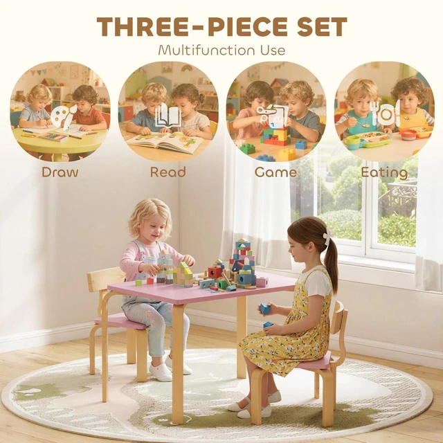 Alt view image 2 of 7 - Kids Table and 2 Chair Set, Toddler Table and Chairs, Pink