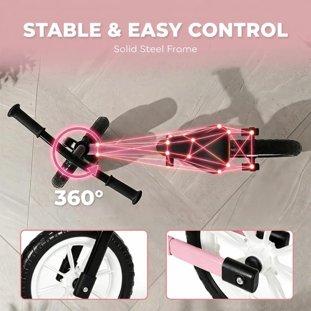 Alt view image 5 of 7 - Balance Bike with Lighting Wheels, Adjustable Handlebar, Pink