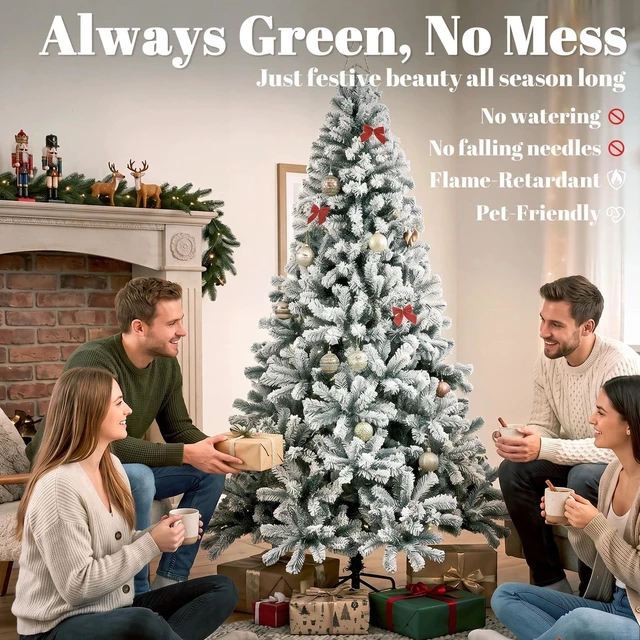 Alt view image 4 of 7 - 6ft Flocked Christmas Tree with Hinged Design, Fir Xmas Tree