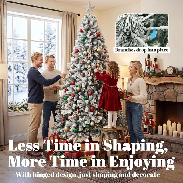 Alt view image 3 of 7 - 6ft Flocked Christmas Tree with Hinged Design, Fir Xmas Tree