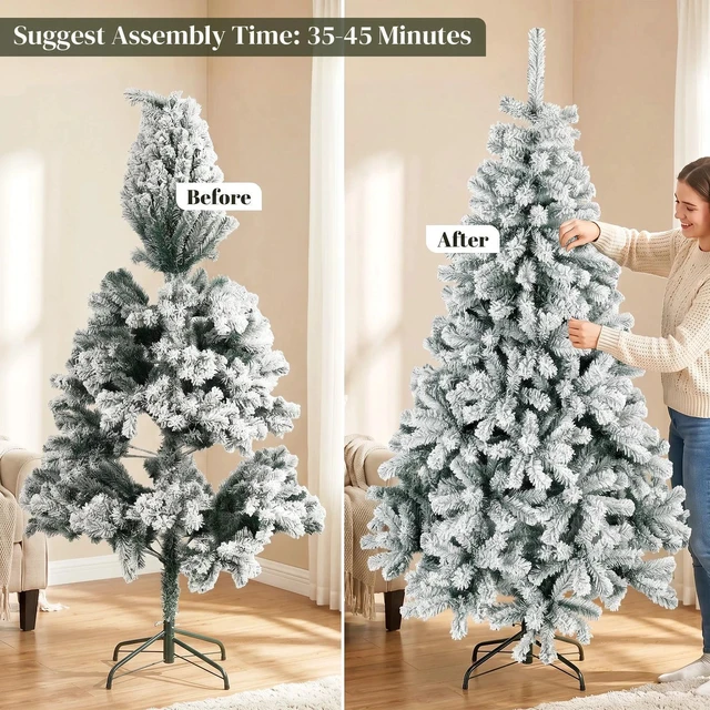 Alt view image 2 of 7 - 6ft Flocked Christmas Tree with Hinged Design, Fir Xmas Tree