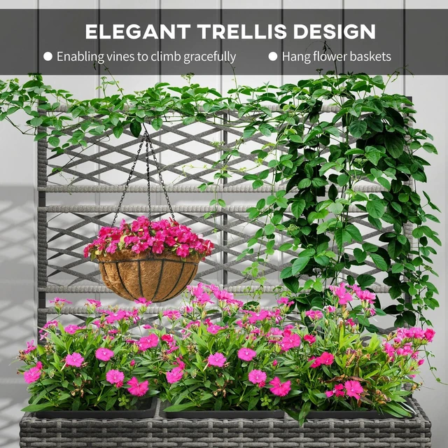 Alt view image 4 of 7 - Wicker Raised Garden Bed with Trellis, 42" Outdoor Planter, Grey
