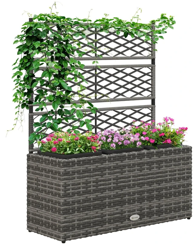 Main image of Wicker Raised Garden Bed with Trellis, 42" Outdoor Planter, Grey