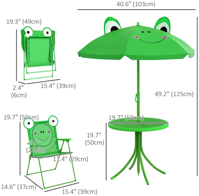 Alt view image 7 of 7 - Kids Folding Picnic Table and Chair Set Frog w/ Adjustable Umbrella Green