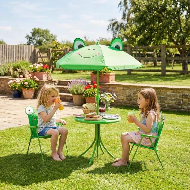 Alt view image 2 of 7 - Kids Folding Picnic Table and Chair Set Frog w/ Adjustable Umbrella Green