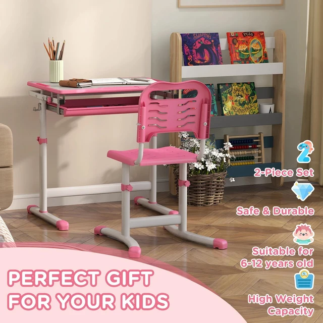 Alt view image 5 of 7 - Height Adjustable Kids Desk and Chair Set with Tiltable Desktop, Pink