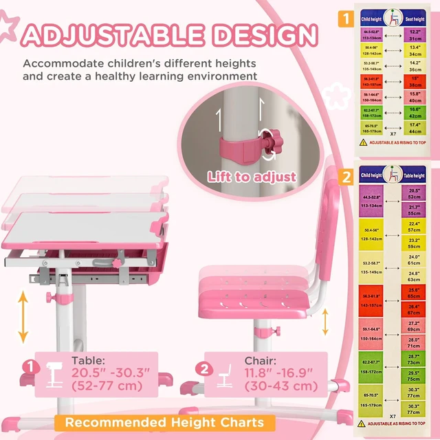 Alt view image 3 of 7 - Height Adjustable Kids Desk and Chair Set with Tiltable Desktop, Pink