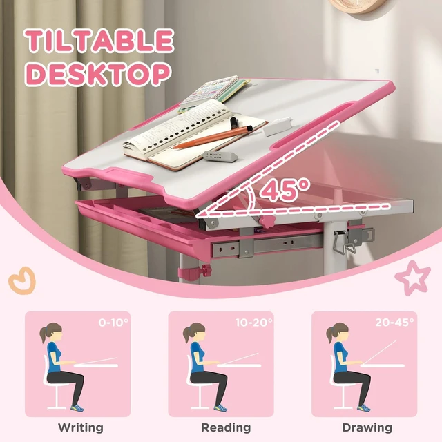 Alt view image 4 of 7 - Height Adjustable Kids Desk and Chair Set with Tiltable Desktop, Pink