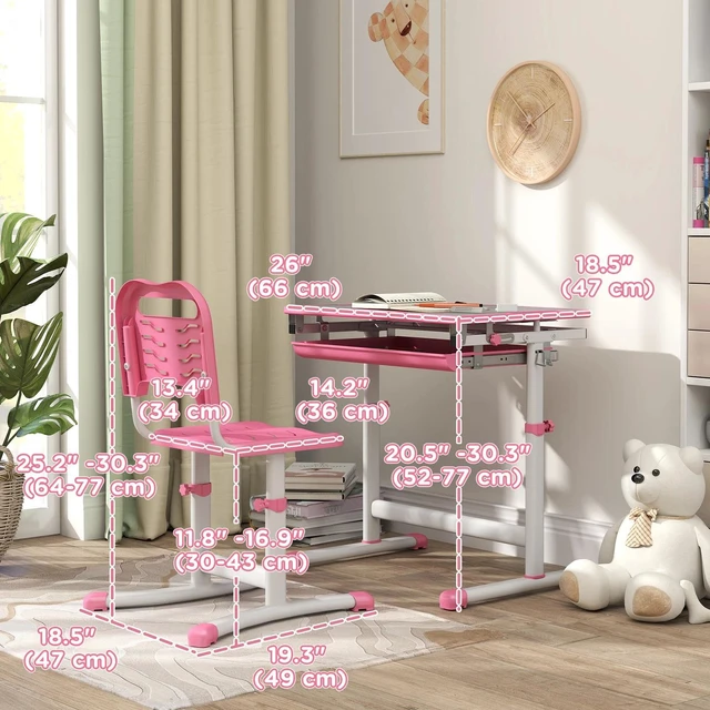Alt view image 2 of 7 - Height Adjustable Kids Desk and Chair Set with Tiltable Desktop, Pink