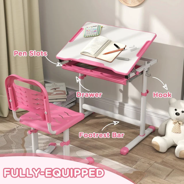 Alt view image 6 of 7 - Height Adjustable Kids Desk and Chair Set with Tiltable Desktop, Pink