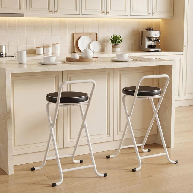 Alt view image 4 of 7 - Folding Stools Set of 2, Foldable Bar Stools with PU Seat, Black