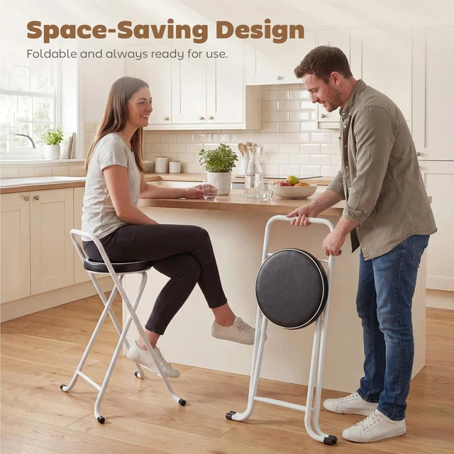 Alt view image 5 of 7 - Folding Stools Set of 2, Foldable Bar Stools with PU Seat, Black