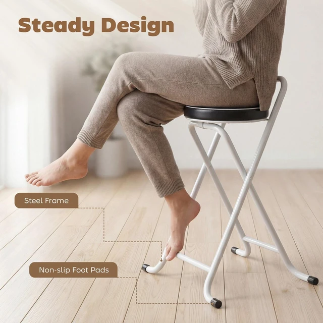 Alt view image 6 of 7 - Folding Stools Set of 2, Foldable Bar Stools with PU Seat, Black