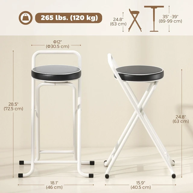 Alt view image 2 of 7 - Folding Stools Set of 2, Foldable Bar Stools with PU Seat, Black