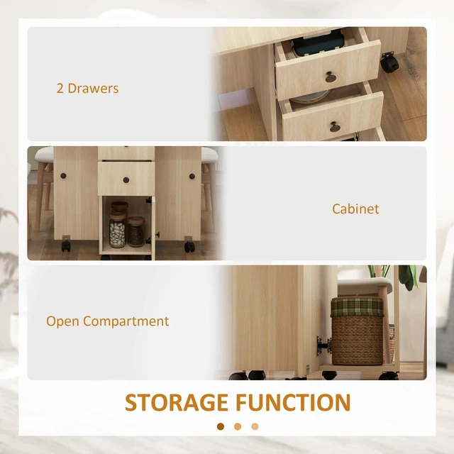Alt view image 4 of 7 - Foldable Dining Table, Rolling Kitchen Table With Storage Drawers Natural Wood