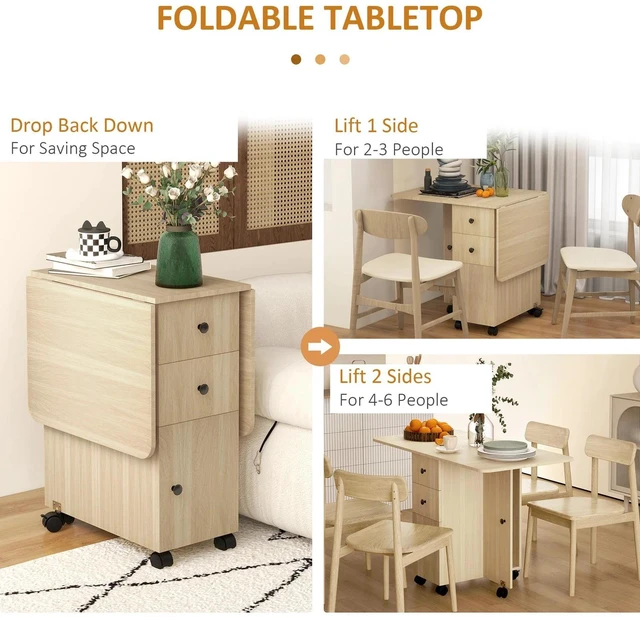 Alt view image 3 of 7 - Foldable Dining Table, Rolling Kitchen Table With Storage Drawers Natural Wood