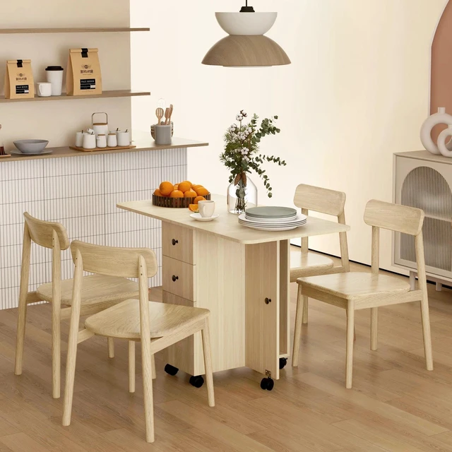 Alt view image 7 of 7 - Foldable Dining Table, Rolling Kitchen Table With Storage Drawers Natural Wood