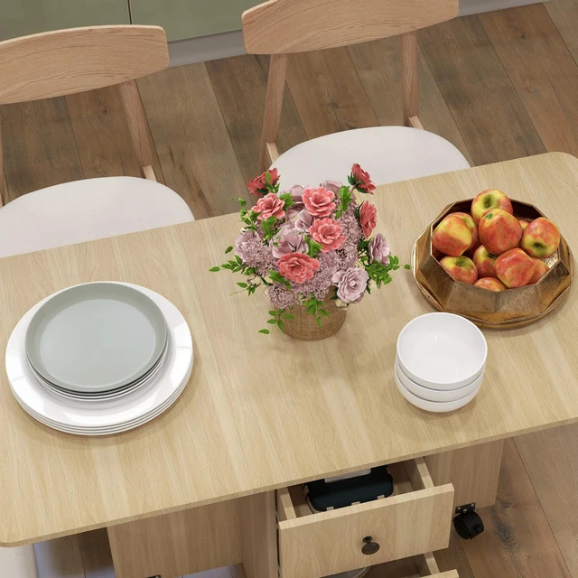 Alt view image 5 of 7 - Foldable Dining Table, Rolling Kitchen Table With Storage Drawers Natural Wood