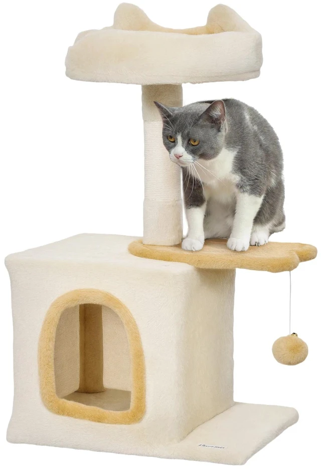 Main image of 28" Cat Tree Tower with Plush Top Bed, Beige and Yellow
