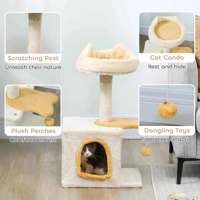 Alt view image 7 of 7 - 28" Cat Tree Tower with Plush Top Bed, Beige and Yellow