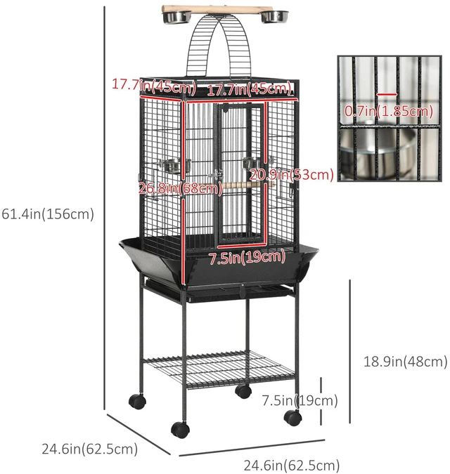 Alt view image 2 of 7 - 61.5" Bird Parakeet Cage with Play Top Rolling Stand Storage Shelf Wood Perch